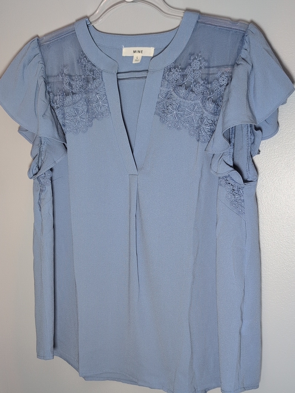 MINE Dusty Blue Lace Flutter Sleeve Blouse